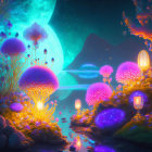 Fantasy landscape with glowing jellyfish plants, moon, lanterns & starry sky