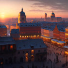 Historical city skyline at sunset with snow-dusted rooftops