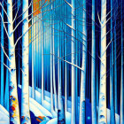 Snowy birch forest graphic: vivid blue tones, white tree trunks, dark background