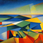 Colorful Cubist Painting with Abstract Geometric Shapes in Fragmented Landscape