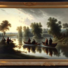 Serene river scenery at dusk with rowboats and fishing person