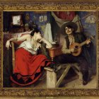 Ornate framed artwork of two women with guitar in classical setting