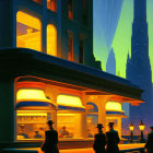 Vibrant cityscape at night with vintage-clad individuals near diner and skyscrapers