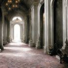 Luxurious hallway with marble floors, elegant columns, and pink rose petals under sunlight.