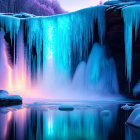 Frozen waterfall illuminated by blue light at twilight surrounded by icy stalactites and snow-covered rocks.