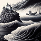 Monochrome sailboat artwork in stormy seas near cliff with pagoda under cloudy sky