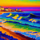 Colorful seaside painting with rolling waves and beach houses under a sunset sky