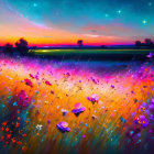 Colorful Flower Field Painting Under Sunset Sky with Stars