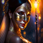 Woman with ornate golden masquerade makeup in warm, bokeh-lit scene