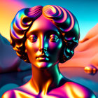 Colorful 3D metallic female bust in neon hues against surreal desert backdrop