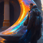 Futuristic individuals admire iridescent wave sculpture in cityscape