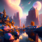 Majestic castle in fantasy landscape with moons and river