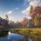 Tranquil riverside village with cherry blossoms and wooden houses