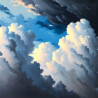 Dramatic sky painting with fluffy white clouds and stormy areas