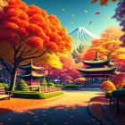 Japanese Autumn Landscape: Orange Trees, Mount Fuji, Traditional Structures