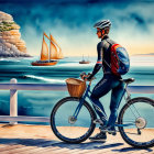 Person in helmet riding bicycle along coastal promenade with ocean backdrop