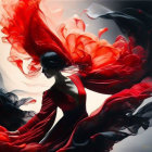 Stylized image of woman in red dress with abstract red and black pattern.