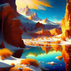 Colorful digital artwork of a fantastical canyon with red rock formations, blue water, and orange foliage