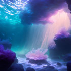 Sunbeams illuminate pink coral and rocks in underwater scene