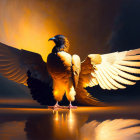 Majestic bird with outstretched wings in golden light against dark background