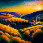 Scenic painting of golden fields and village under sunset sky