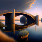 Surreal painting of bridge over calm water at twilight with lamppost, boat, and styl