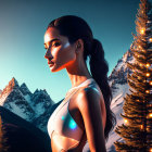 Woman with sleek hair against mountainous sunset landscape