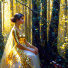 Golden dress woman poses in sunlit forest with dappled light.