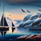 Sailing ships on calm waters near snow-capped mountains at dusk