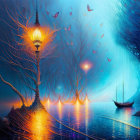 Fantasy landscape at dusk with glowing boat and lantern-lit trees