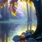 Colorful mystical trees reflected in tranquil water with apples and leaves.