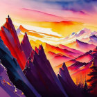 Colorful painting of mountain peaks at sunrise or sunset with lone figure.