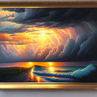 Vibrant sunset painting with dramatic clouds and sun rays over ocean