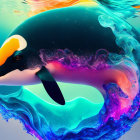 Colorful Orca Whale Artwork with Abstract Liquid Shapes on Turquoise Background