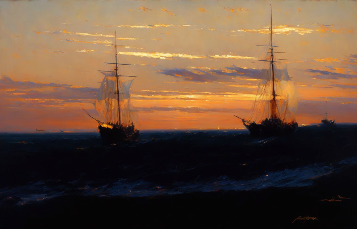 Sailing ships on horizon at sunset with vibrant sky and dark waves