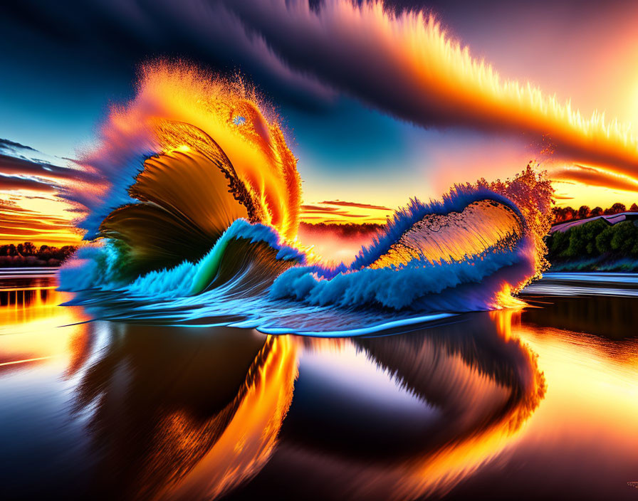 Vivid digitally-enhanced wave under fiery orange sky