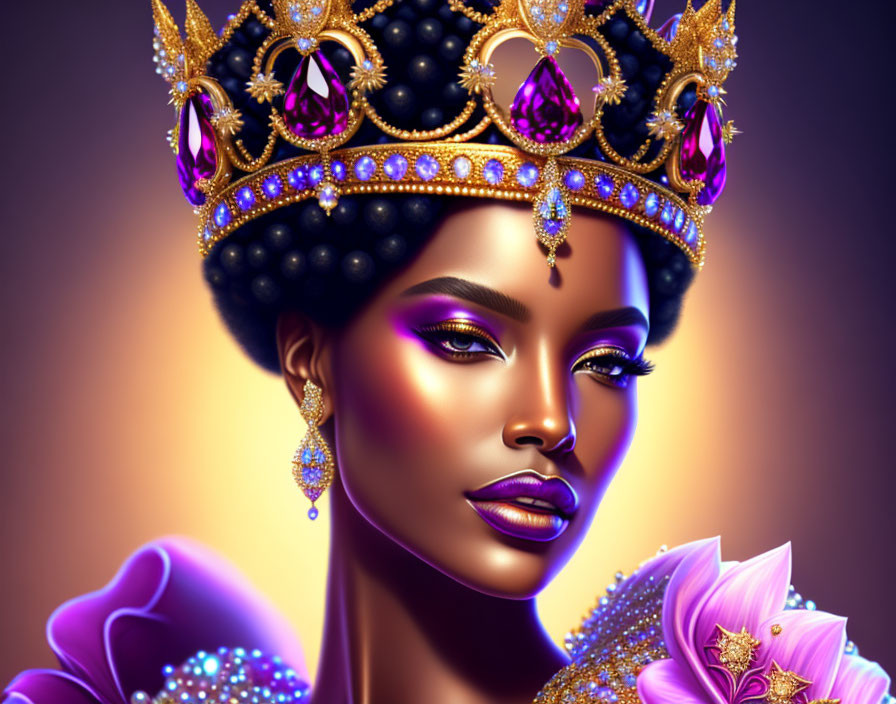 Regal woman digital portrait with crown and purple makeup