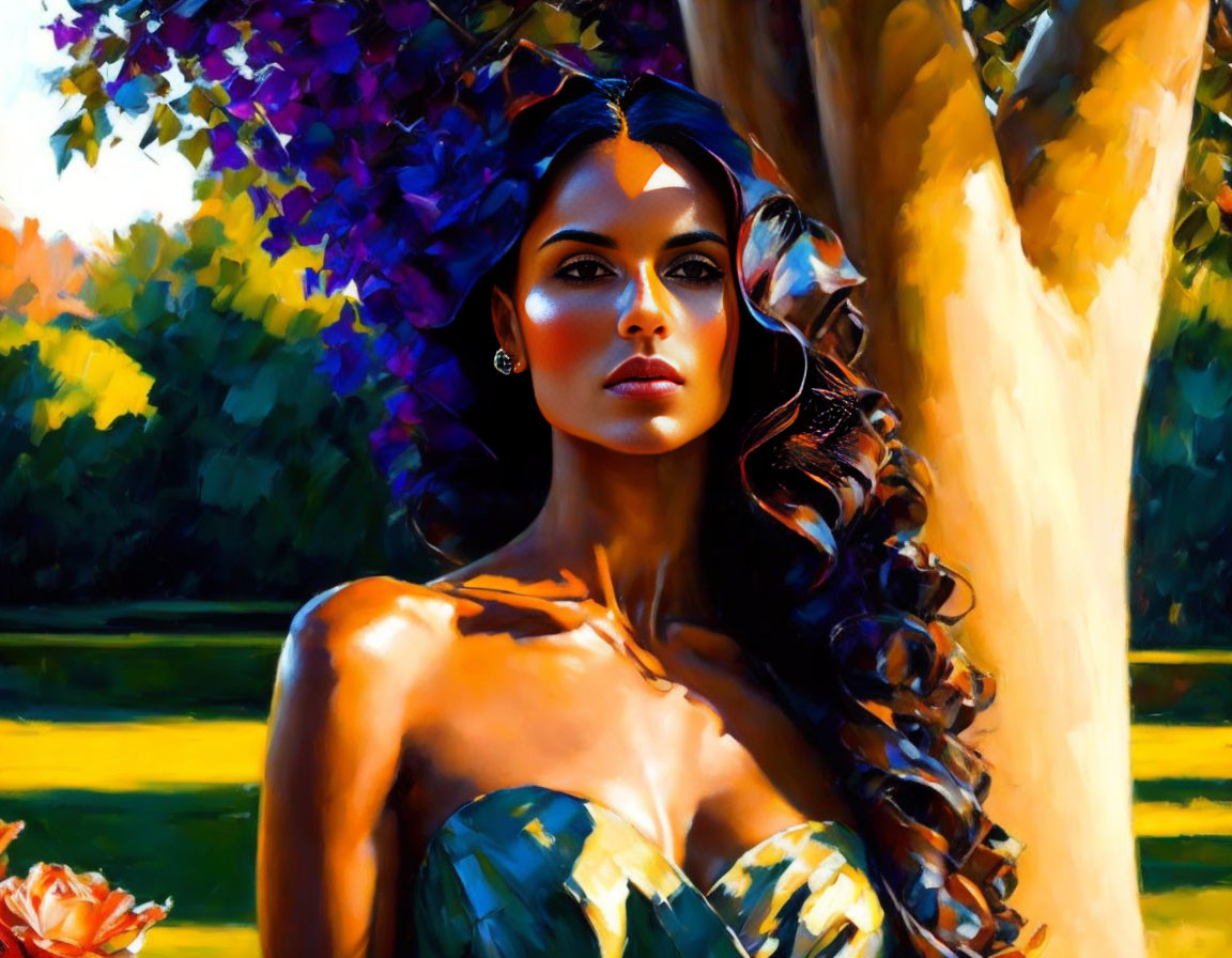 Colorful painting: Woman with floral headpiece in sunlit garden