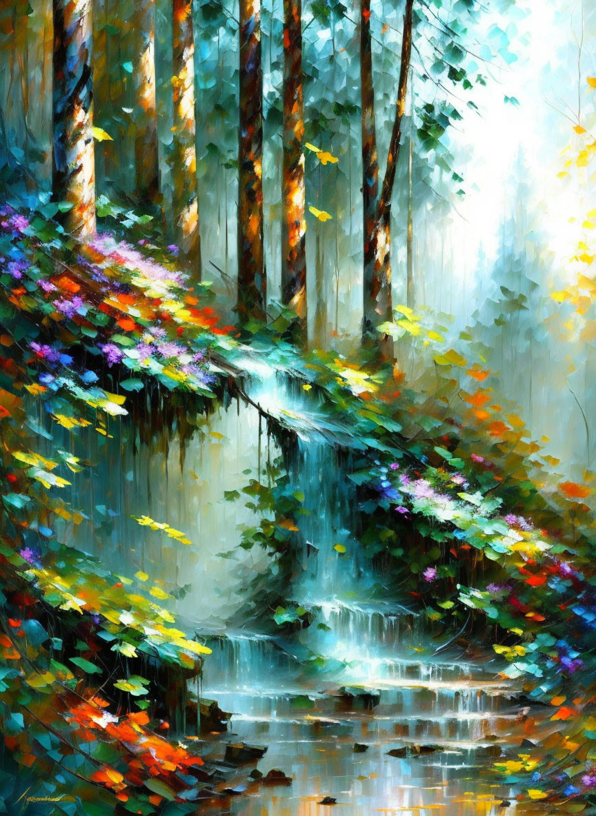 Colorful Impressionistic Forest Painting with Waterfall