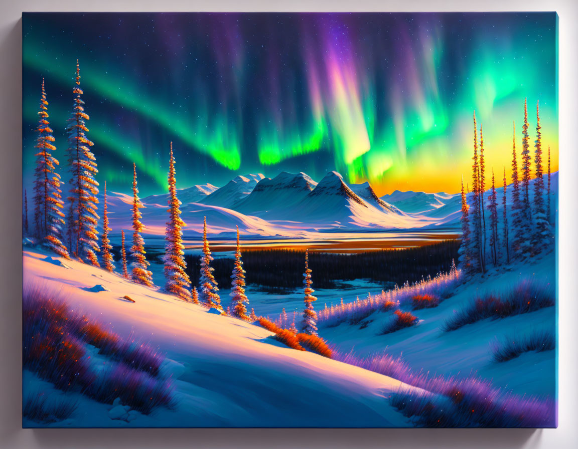 Aurora Borealis Shining Over Snowy Landscape