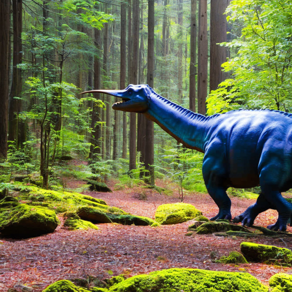 Life-sized Blue Dinosaur Model in Lush Green Forest