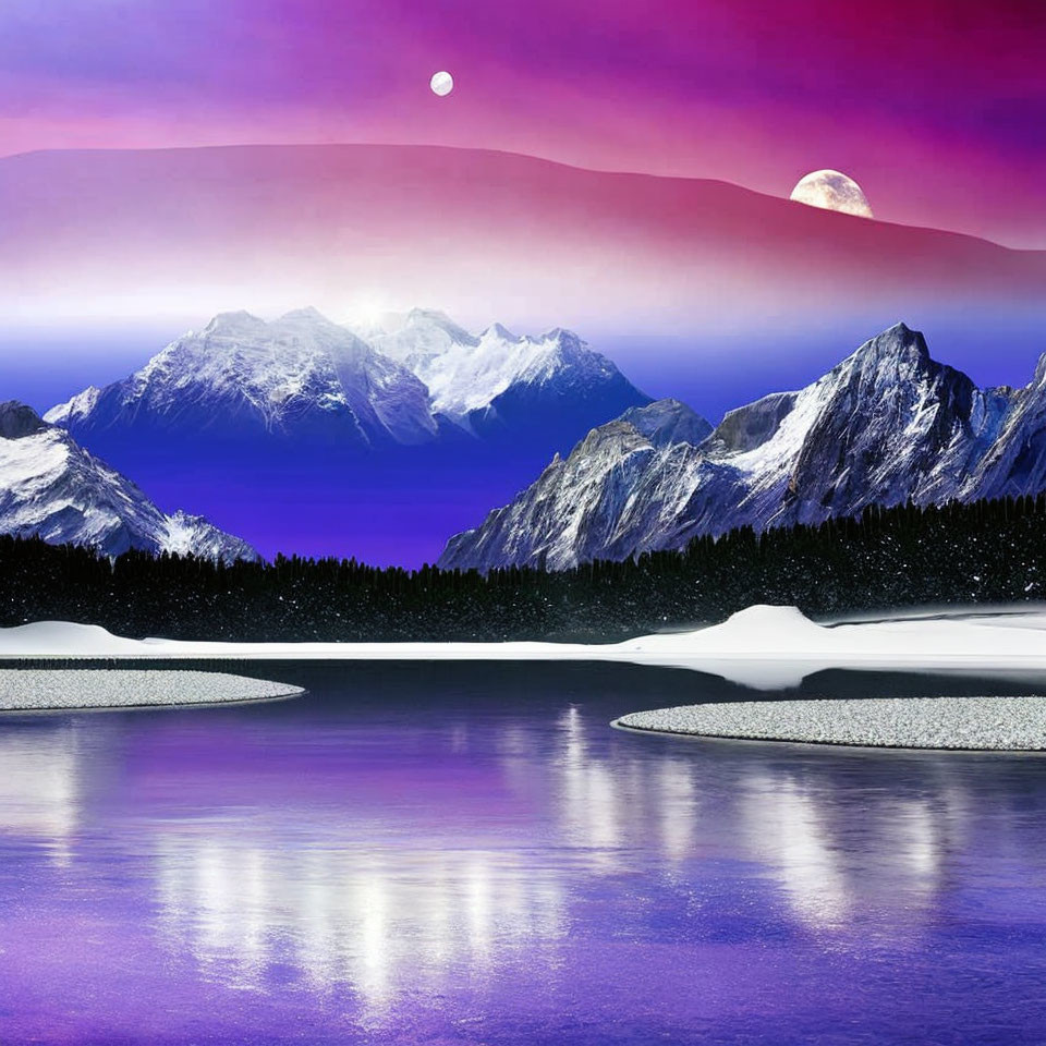 Snow-capped mountains under a purple sky with two moons reflecting on icy water