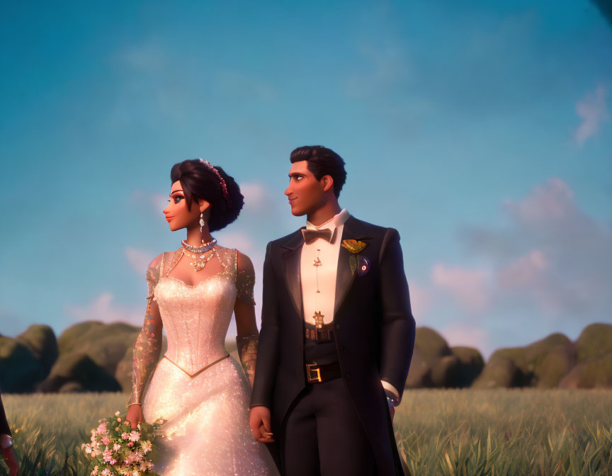 Bride and groom in formal wedding attire with serene meadow backdrop