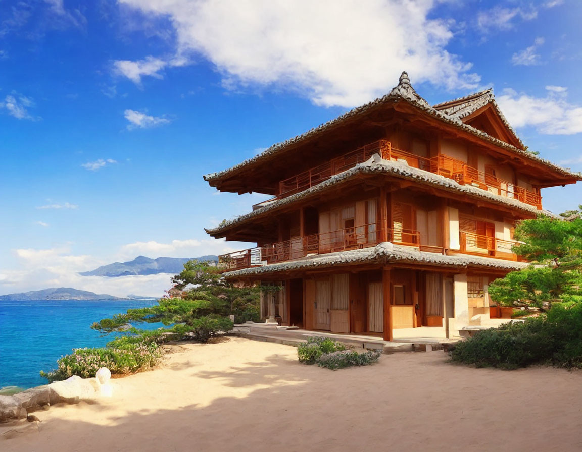 Traditional Wooden House by the Sea with Blue Sky & Mountains