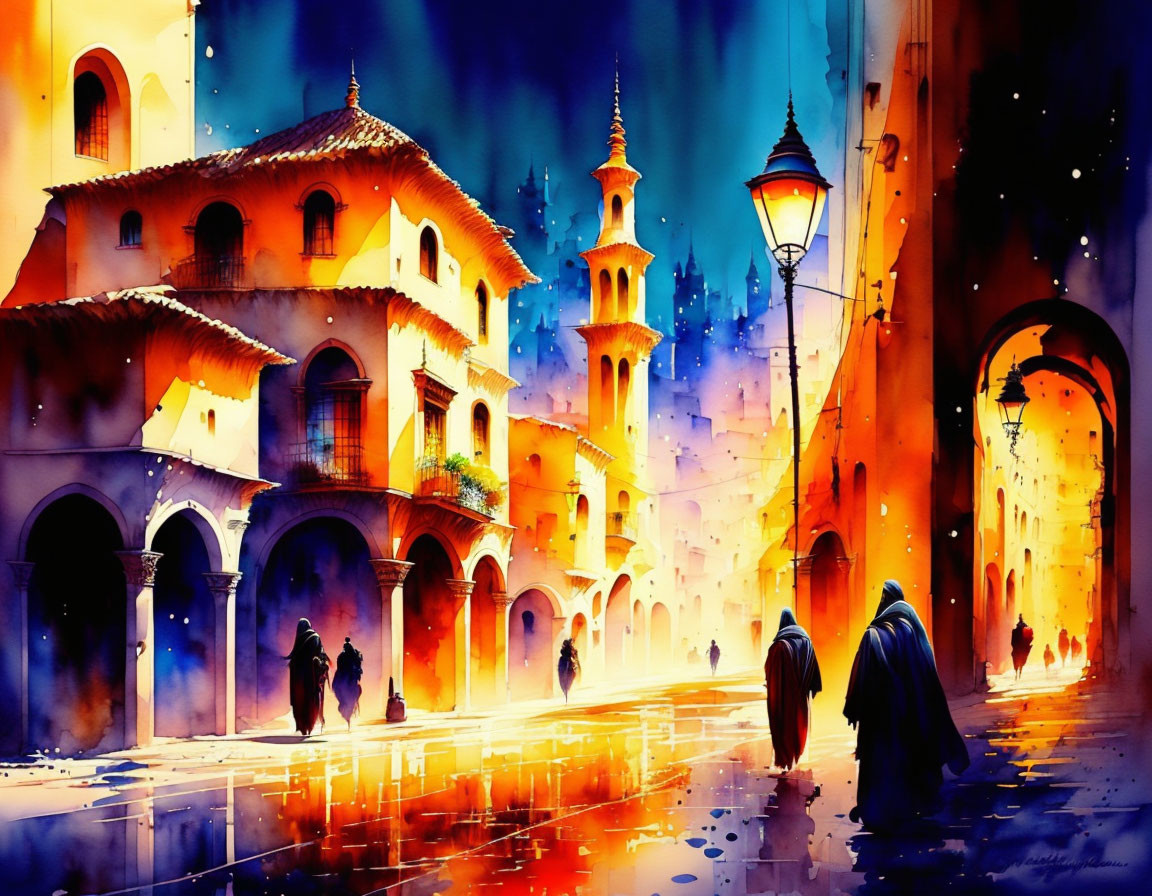 Colorful watercolor painting: Night street scene with glowing lamp posts, walking people, and illuminated buildings