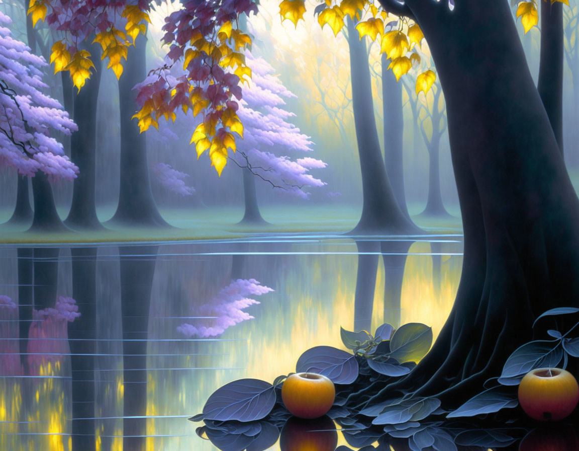 Colorful mystical trees reflected in tranquil water with apples and leaves.