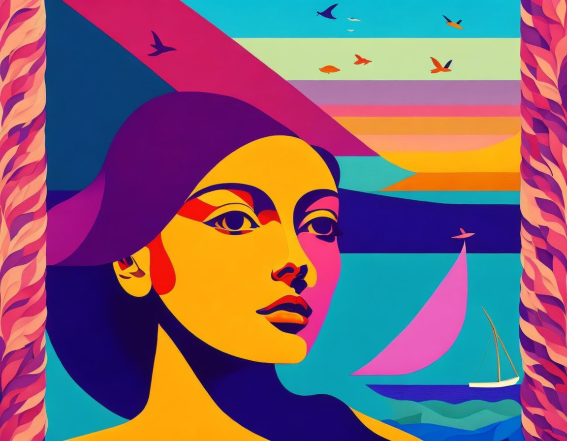 Colorful portrait of a woman with braided hair and geometric landscapes.