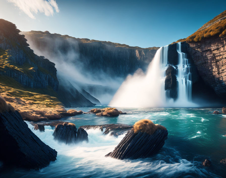 Majestic waterfall cascading over rugged cliff into serene blue river