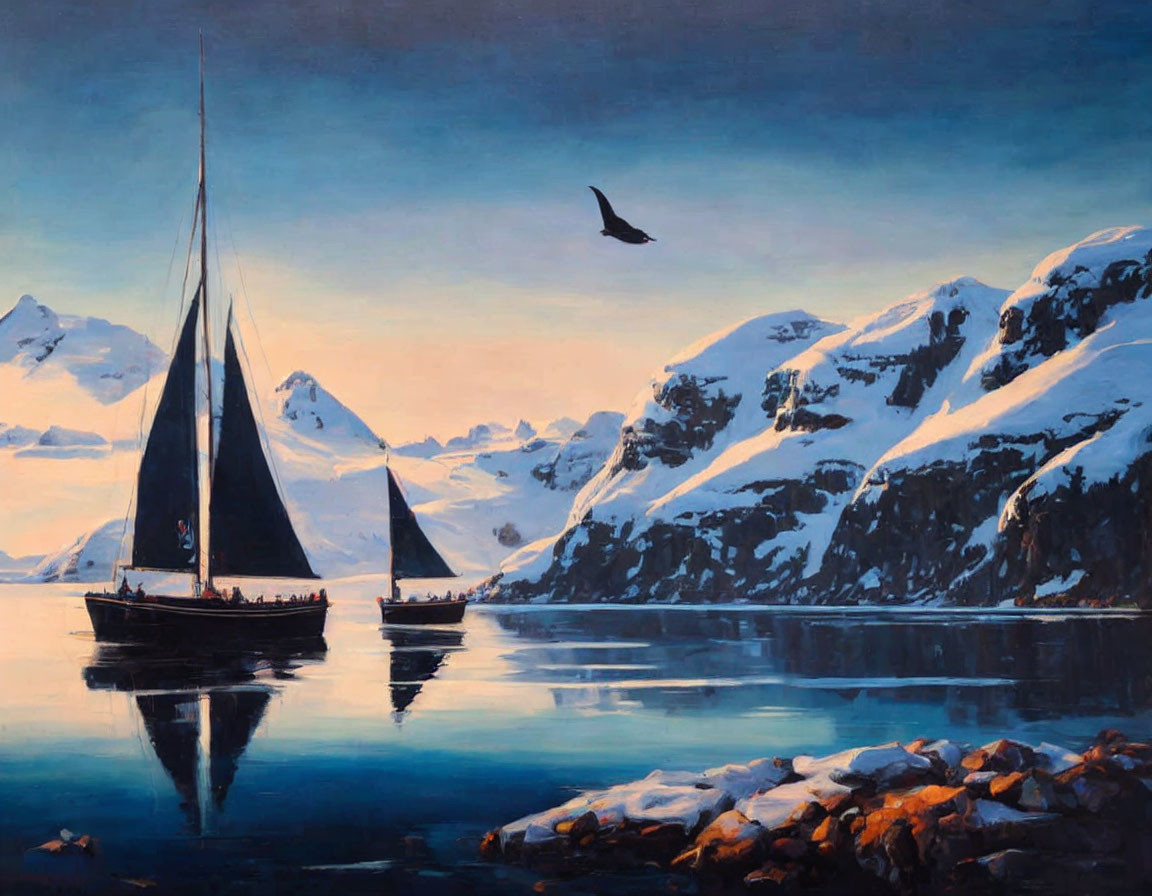 Sailing ships on calm waters near snow-capped mountains at dusk