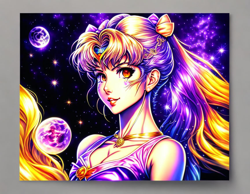 Female character with colorful hair and tiara in cosmic setting